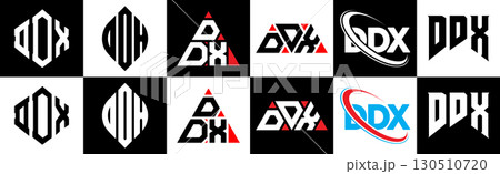 DDX letter logo design in six style. DDX polygon, circle, triangle, hexagon, flat and simple style with black and white color variation letter logo set in one artboard. DDX minimalist and classic logo 130510720