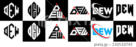 DEW letter logo design in six style. DEW polygon, circle, triangle, hexagon, flat and simple style with black and white color variation letter logo set in one artboard. DEW minimalist and classic logo 130510745