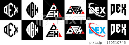 DEX letter logo design in six style. DEX polygon, circle, triangle, hexagon, flat and simple style with black and white color variation letter logo set in one artboard. DEX minimalist and classic logo 130510746