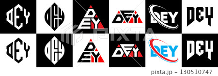 DEY letter logo design in six style. DEY polygon, circle, triangle, hexagon, flat and simple style with black and white color variation letter logo set in one artboard. DEY minimalist and classic logo 130510747