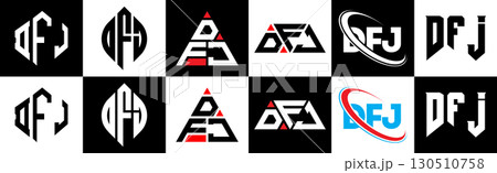 DFJ letter logo design in six style. DFJ polygon, circle, triangle, hexagon, flat and simple style with black and white color variation letter logo set in one artboard. DFJ minimalist and classic logo 130510758