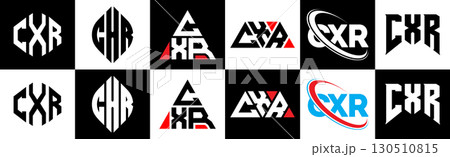 CXR letter logo design in six style. CXR polygon, circle, triangle, hexagon, flat and simple style with black and white color variation letter logo set in one artboard. CXR minimalist and classic logo CXR letter logo design in six style. CXR polygon, circle, triangle, hexagon, flat and simple style with black and white color variation letter logo set in one artboard. CXR minimalist and classic logo 130510815