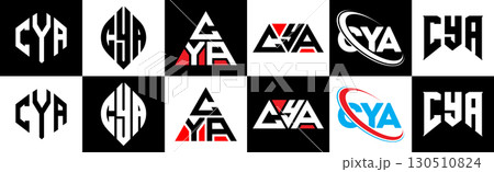 CYA letter logo design in six style. CYA polygon, circle, triangle, hexagon, flat and simple style with black and white color variation letter logo set in one artboard. CYA minimalist and classic logo 130510824