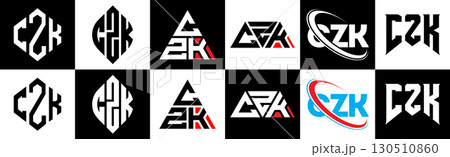 CZK letter logo design in six style. CZK polygon, circle, triangle, hexagon, flat and simple style with black and white color variation letter logo set in one artboard. CZK minimalist and classic logo 130510860