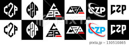 CZP letter logo design in six style. CZP polygon, circle, triangle, hexagon, flat and simple style with black and white color variation letter logo set in one artboard. CZP minimalist and classic logo 130510865