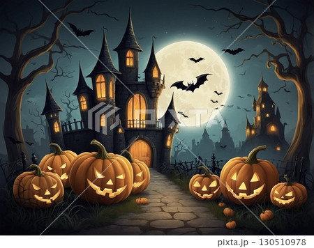 ハロウィンのイラスト（かぼちゃ、お城、コウモリ） 130510978
