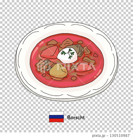 Russian cuisine borsch line drawing illustration 130510987