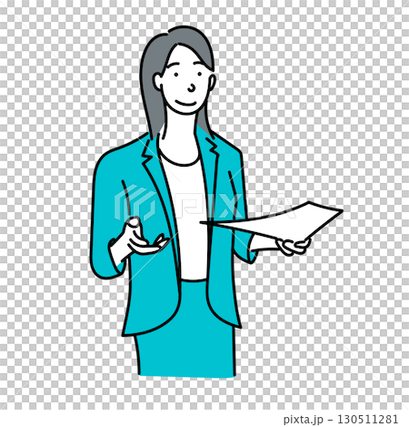イラスト素材: 書類を持ち説明するビジネス女性のカットアウトイラスト 130511281