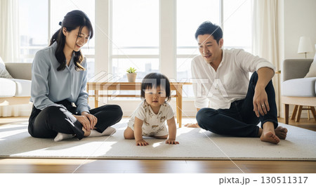 ハイハイする赤ちゃんを見守る夫婦　家族イメージ 130511317
