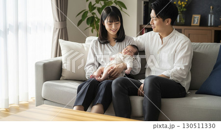 赤ちゃんを抱っこする夫婦 家族イメージ 赤ちゃんを抱っこする夫婦 家族イメージ 130511330