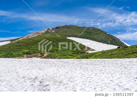 白山室堂平の雪原から見る御前峰　初夏の白山御前峰登山（トンビ岩コース） 130511397
