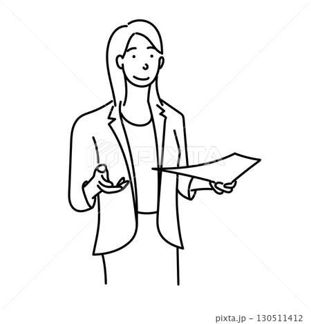 イラスト素材: 書類を持ち説明するビジネス女性の線画カットアウトイラスト 130511412