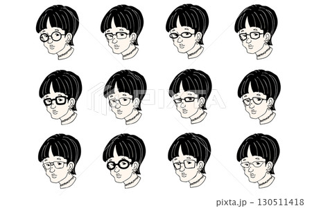 色々なメガネを掛けた女性のアンニュイなイラストセット 130511418
