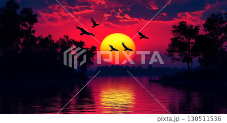 Vibrant Sunset Landscape Birds in Flight over Calm Water 130511536