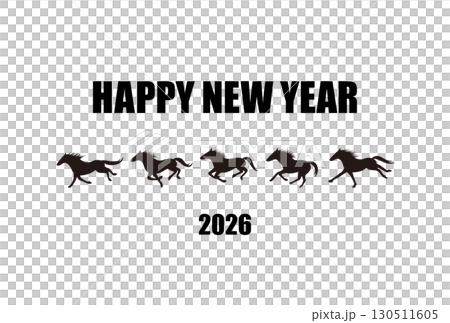 2026 Year of the Horse New Year's card featuring a running horse silhouette in continuous poses, black 130511605