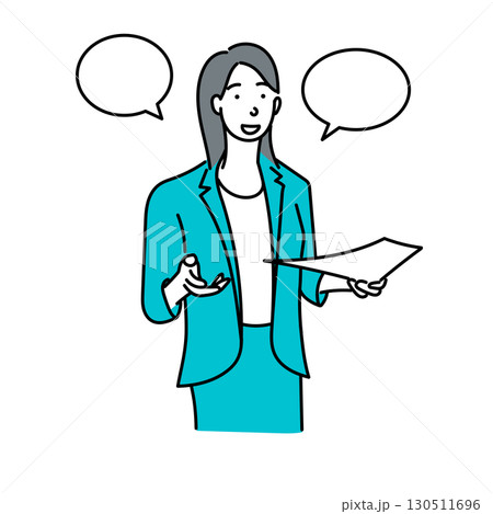 イラスト素材: 書類を持ち説明するビジネス女性のカットアウトイラスト イラスト素材: 書類を持ち説明するビジネス女性のカットアウトイラスト 130511696