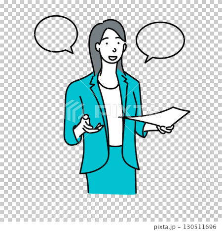 イラスト素材: 書類を持ち説明するビジネス女性のカットアウトイラスト イラスト素材: 書類を持ち説明するビジネス女性のカットアウトイラスト 130511696