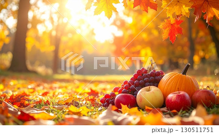 背景の赤や黄金色の紅葉が柔らかくぼかされ、広いネガティブスペースが確保されています。 130511751
