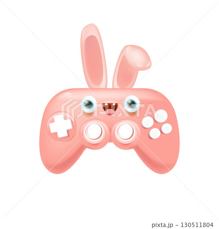 Cute bunny gamepad cartoon character vector illustration, pink rabbit character with long ears, googly eyes, and game controller buttons, fun creative design for gaming, apps, websites, stickers, kids 130511804