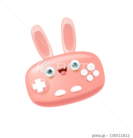 Cute bunny gamepad cartoon character vector illustration, pink rabbit character with long ears, googly eyes, and game controller buttons, fun creative design for gaming, apps, websites, stickers, kids 130511812