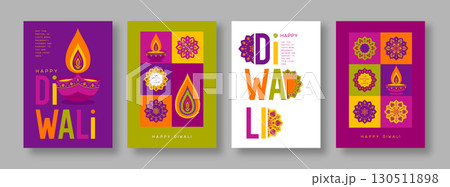 Diwali colorful typography cards with Diya lamp Diwali colorful typography cards with Diya lamp 130511898
