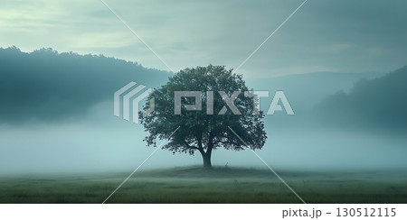 Serene Foggy Landscape Majestic Tree in Misty Field Serene Foggy Landscape Majestic Tree in Misty Field 130512115