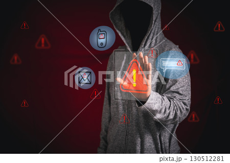 Concept of cyberattack is illustrated by hand reaching toward digital red alert icons, symbolizing system hacks, data breaches, financial threats, identity theft-highlighting high risk in tech space. 130512281