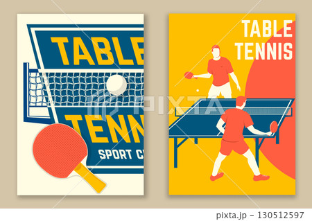 Set of Table tennis poster, banner, magazine template with table, ping pong rackets, ball. Vector. For table tennis logotype templates and badges. Place to promote health and friendship 130512597