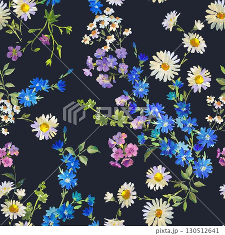 Floral Frame in Gouache Painting Style , Wildflowers, Daisies, and Cornflowers on Dark Background for Fabric, Wallpaper, and Surface Design 130512641