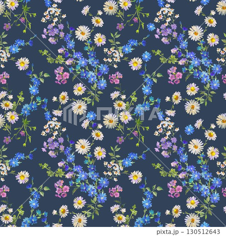 Floral Frame in Gouache Painting Style , Wildflowers, Daisies, and Cornflowers on Dark Background for Fabric, Wallpaper, and Surface Design 130512643
