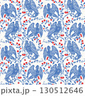Seamless Slavic Mythology Alkonost Bird-Woman Pattern , Vintage Folk Art Wallpaper Design with Ornamental Branches and Berries 130512646