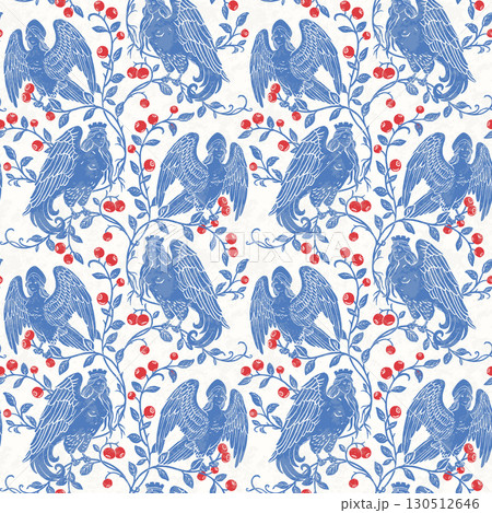 Seamless Slavic Mythology Alkonost Bird-Woman Pattern , Vintage Folk Art Wallpaper Design with Ornamental Branches and Berries Seamless Slavic Mythology Alkonost Bird-Woman Pattern , Vintage Folk Art Wallpaper Design with Ornamental Branches and Berries 130512646