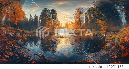 Autumn Sunset Breathtaking Lake Reflection in Vibrant Forest 130513224