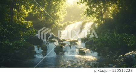 Serene Waterfall Lush Greenery and Sunlit Cascades 130513228