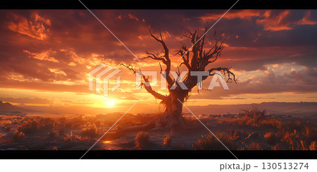 Epic Sunset Landscape Majestic Tree Silhouette Against Vibrant Sky 130513274