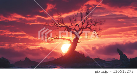 Fiery Sunset Landscape Silhouette Tree  Dramatic Sky 130513275