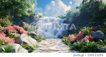 Serene Waterfall Lush Nature Background for Design Projects 130513291