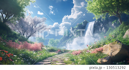 Enchanted Waterfall Landscape Serene Nature Scene with Blooming Flowers and Lush Greenery 130513292