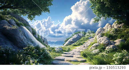 Stunning Landscape Path Through Lush Greenery and Majestic Clouds Stunning Landscape Path Through Lush Greenery and Majestic Clouds 130513293