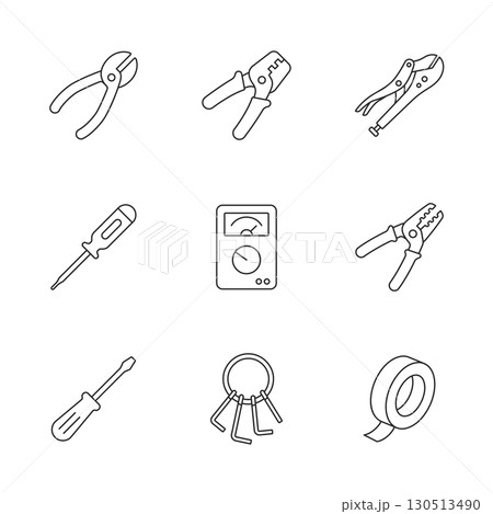 Line icon set of electrician tools for repair, wiring, testing, and maintenance work, vector. 130513490