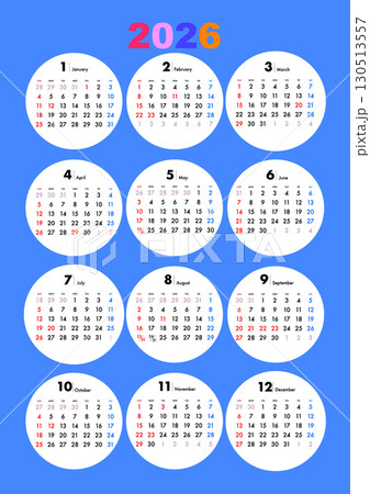 2026年 シンプルなカレンダー 12ヶ月一覧　日本の祝祭日対応 130513557