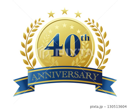 40周年記念のアイコン。青いリボンとメダルと装飾フレーム。 130513604
