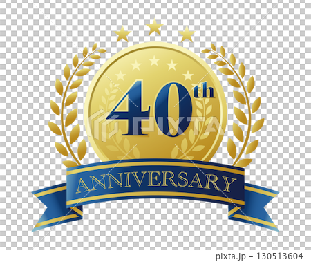 40周年記念のアイコン。青いリボンとメダルと装飾フレーム。 130513604