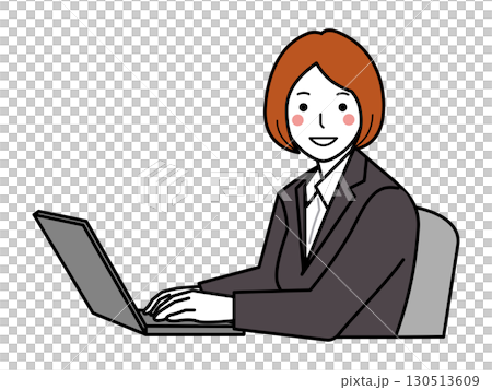 チャコールスーツ。顔が正面向きの横から見たパソコンを操作する女性 チャコールスーツ。顔が正面向きの横から見たパソコンを操作する女性 130513609