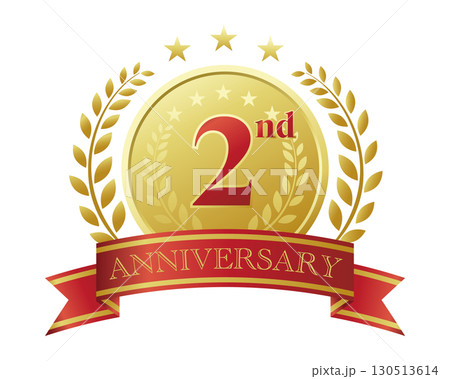 2周年記念のアイコン。赤いリボンとメダルと装飾フレーム。 130513614
