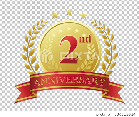 2周年記念のアイコン。赤いリボンとメダルと装飾フレーム。 130513614