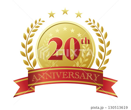 20周年記念のアイコン。赤いリボンとメダルと装飾フレーム。 130513619