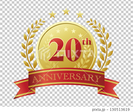 20周年記念のアイコン。赤いリボンとメダルと装飾フレーム。 130513619