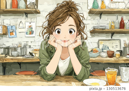 美優シリーズ：フードロス改善 レストランで食べきりを笑顔で示す美優 130513676