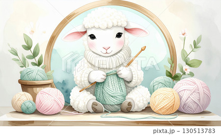 セーターを編む羊のイラスト,Generative AI,AI画像 セーターを編む羊のイラスト,Generative AI,AI画像 130513783